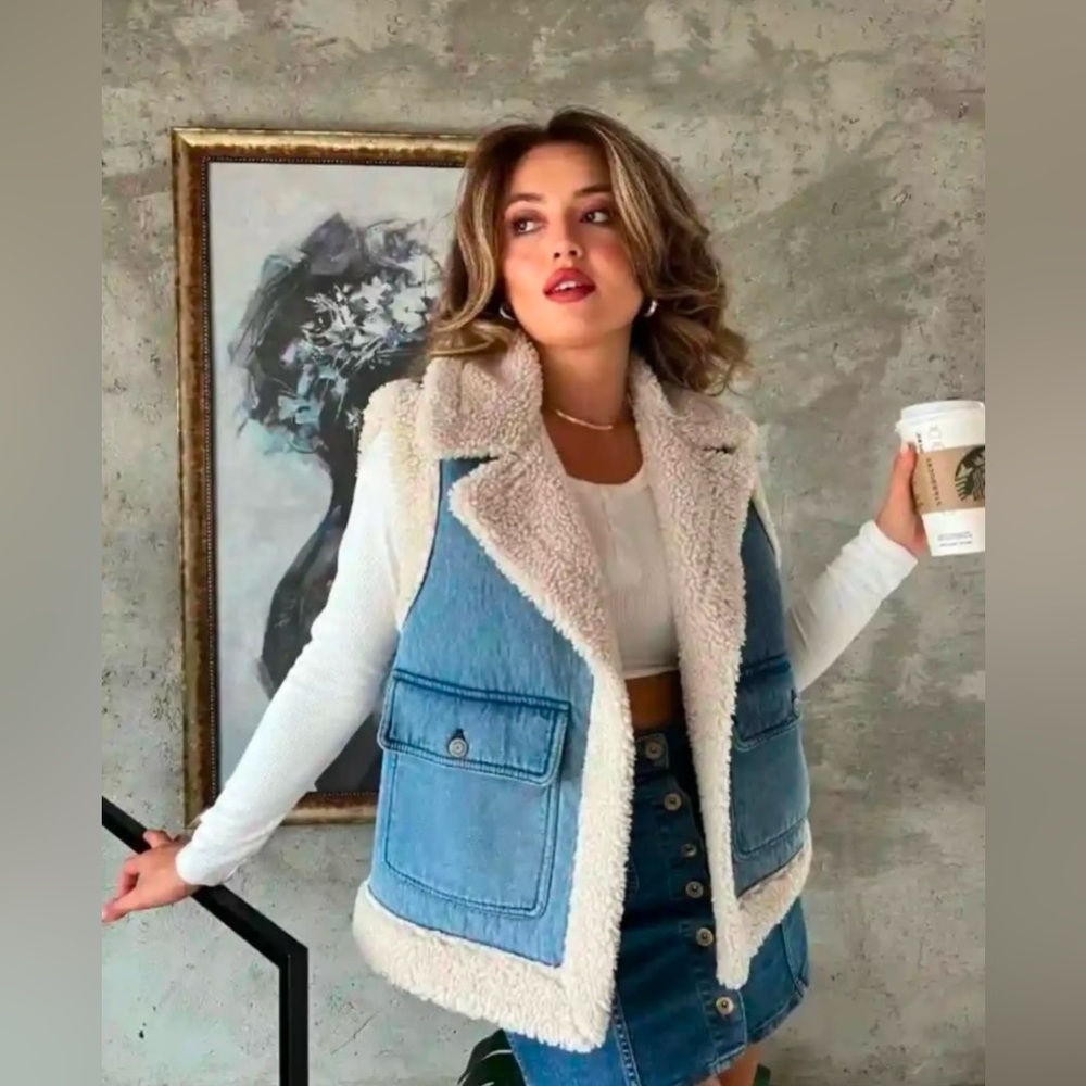 ZARA SHERPA DENIM VEST